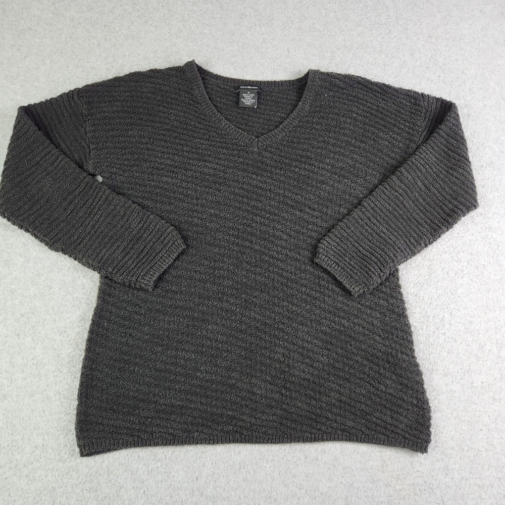 Calvin Klein Sweater Womens Medium Gray‎ Diagonal Ribbed Knit V-Neck Pullover